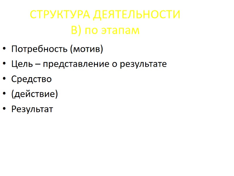 СТРУКТУРА ДЕЯТЕЛЬНОСТИ В) по этапам Потребность (мотив) Цель – представление о результате Средство (действие) СТРУКТУРА ДЕЯТЕЛЬНОСТИ В) по этапам Потребность (мотив) Цель – представление о результате Средство (действие)